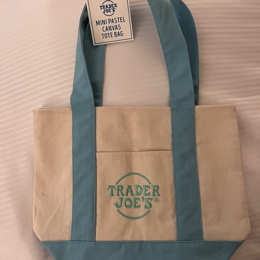 NWT VIRAL Trader Joe's Mini Pastel Blue and Cream Canvas Tote Bag